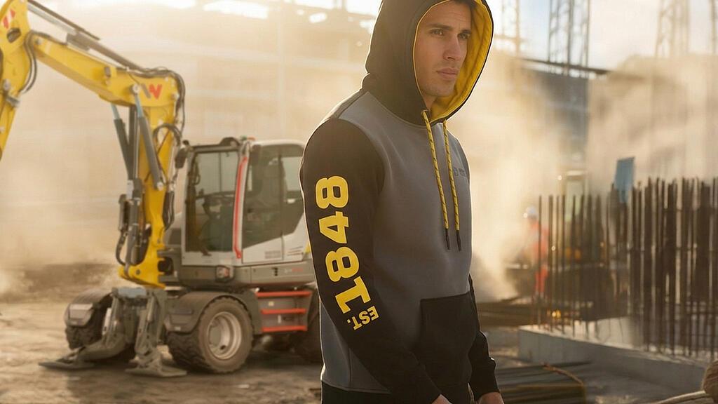 Person on a construction site wearing a Wacker Neuson hoodie in front of a mobile excavator.