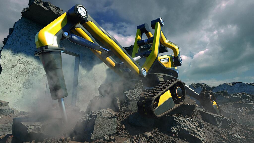 En konceptmaskin från Wacker Neuson bryter genom en vägg.